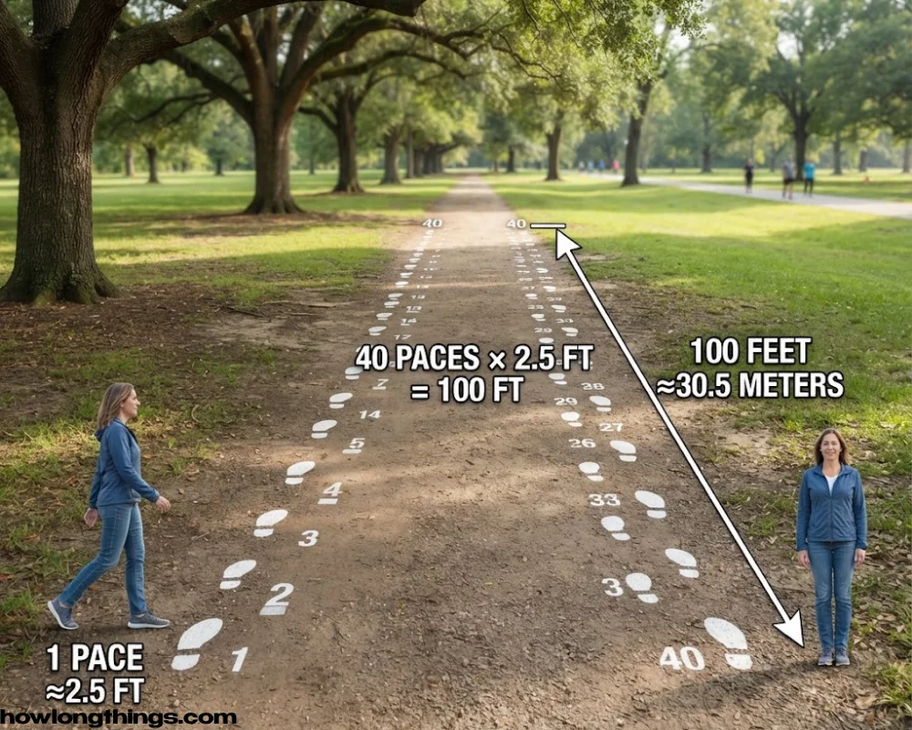 40 Human Paces of around 100 feet 