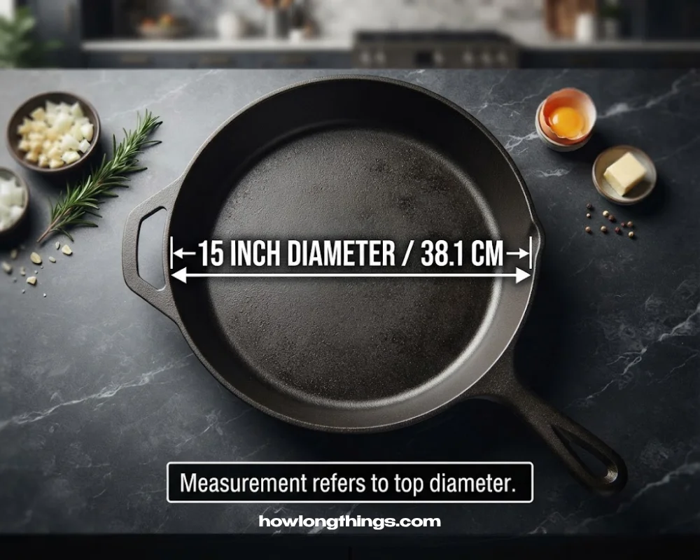 A 15-inches long cast iron skillet