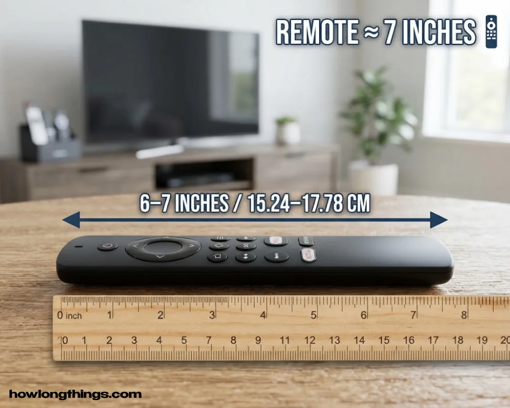 A TV remote control of 7 inches long