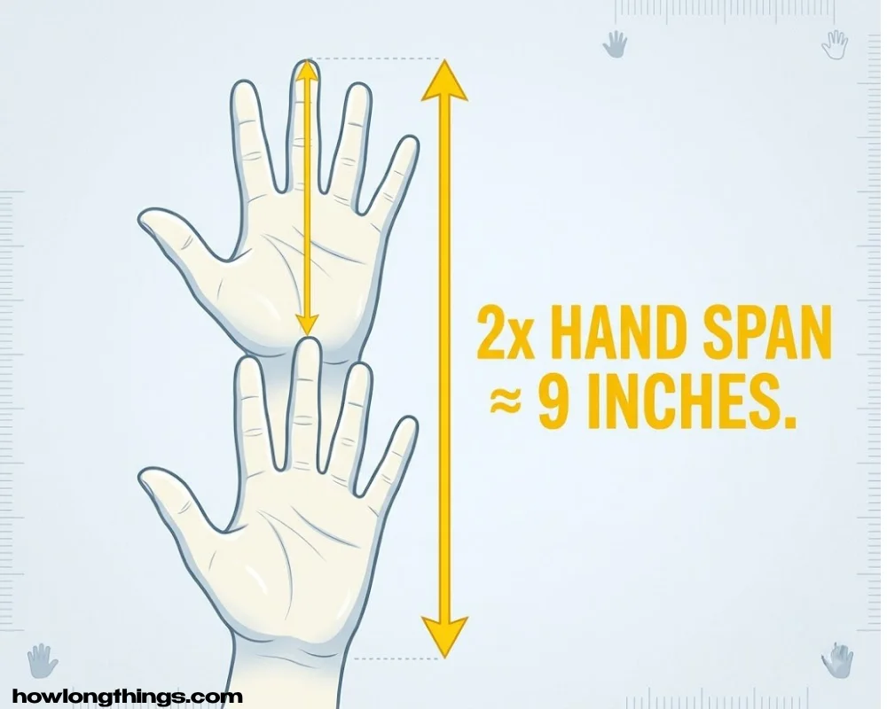 A adult human hand span 9 inches long, doubled