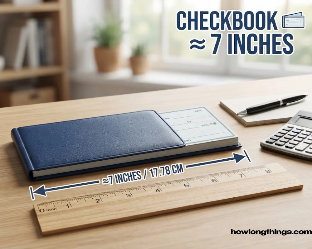 A closed business checkbook of 7 inches long