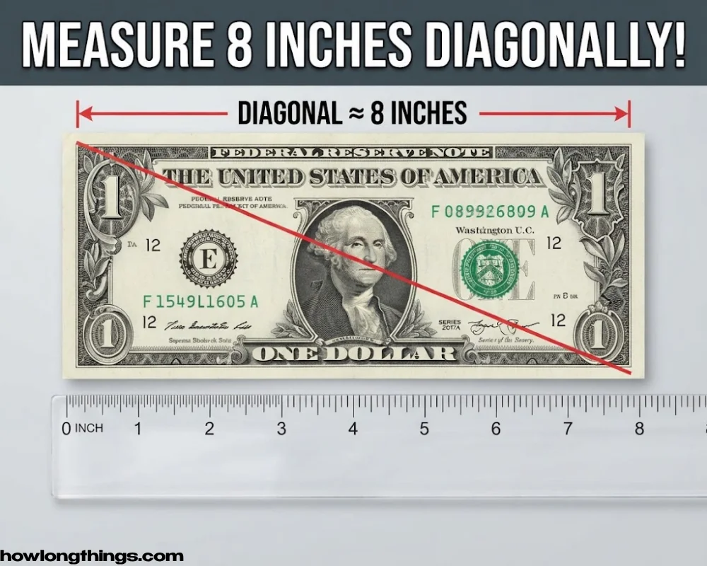 A dollar bill's diagonal of 8 inches long