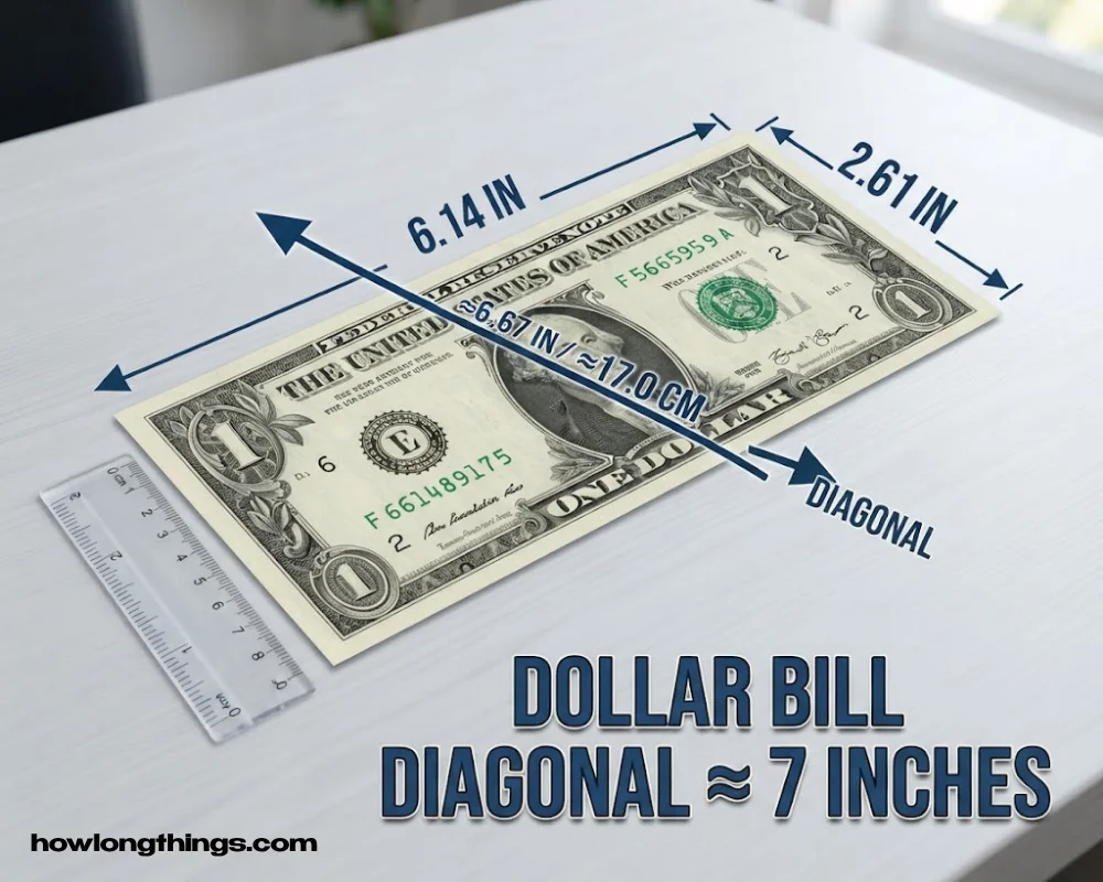 A dollar bill, measured diagonally that how long is 7 inches