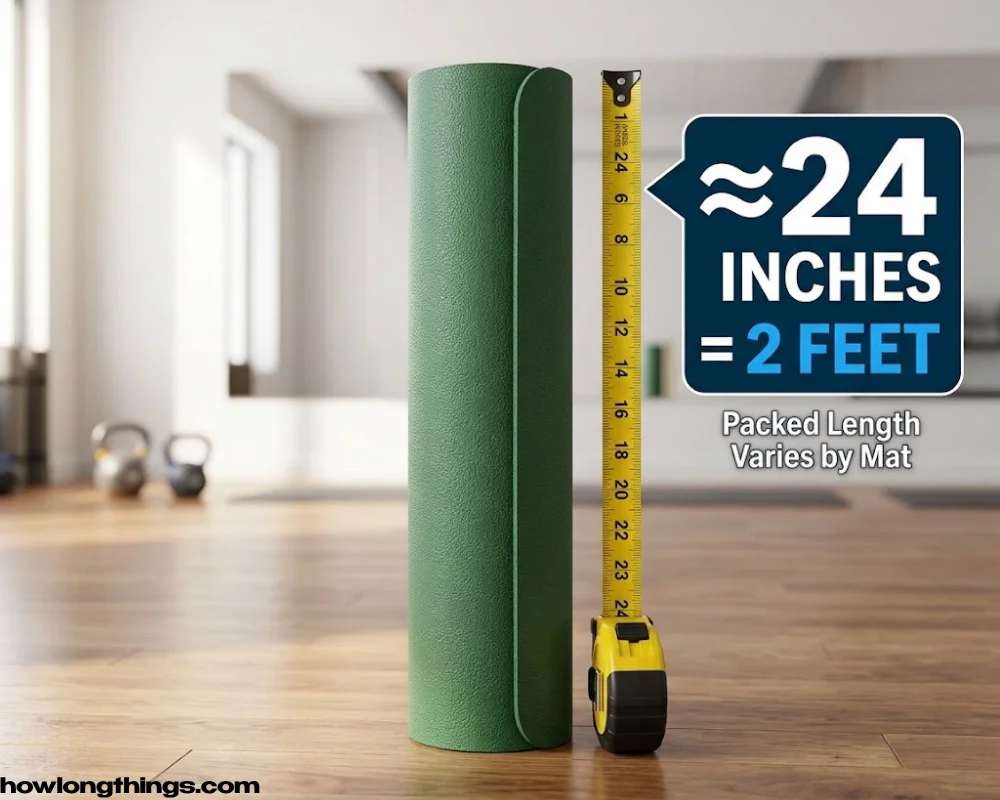 A folded yoga mat of 2 feet long