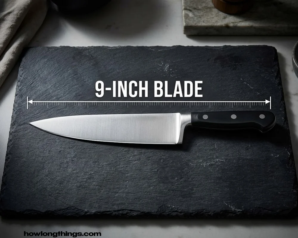 9 Inches long A large kitchen knife