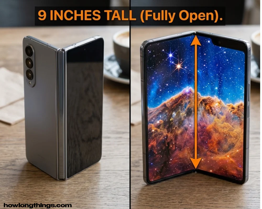 9 Inches Long A large smartphone, unfolded 