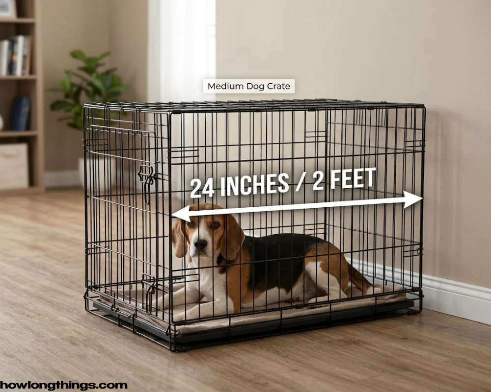 A medium dog crate of 2 feet long reference