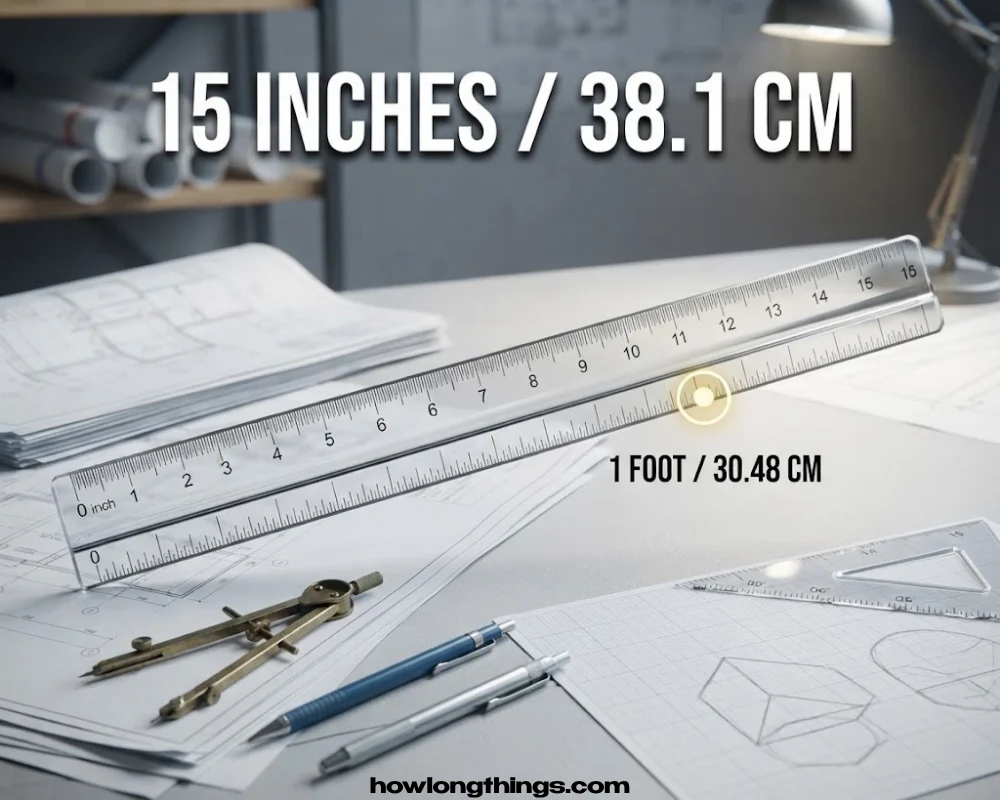 A school ruler of 15 inches long used for drafting