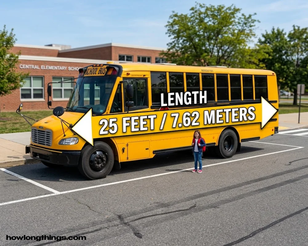 A short school bus of 25 feet long