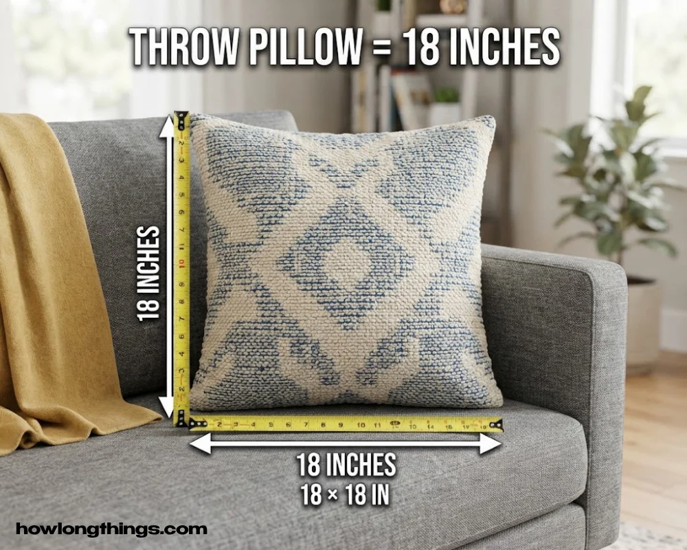 A standard throw pillow of 18 inches long