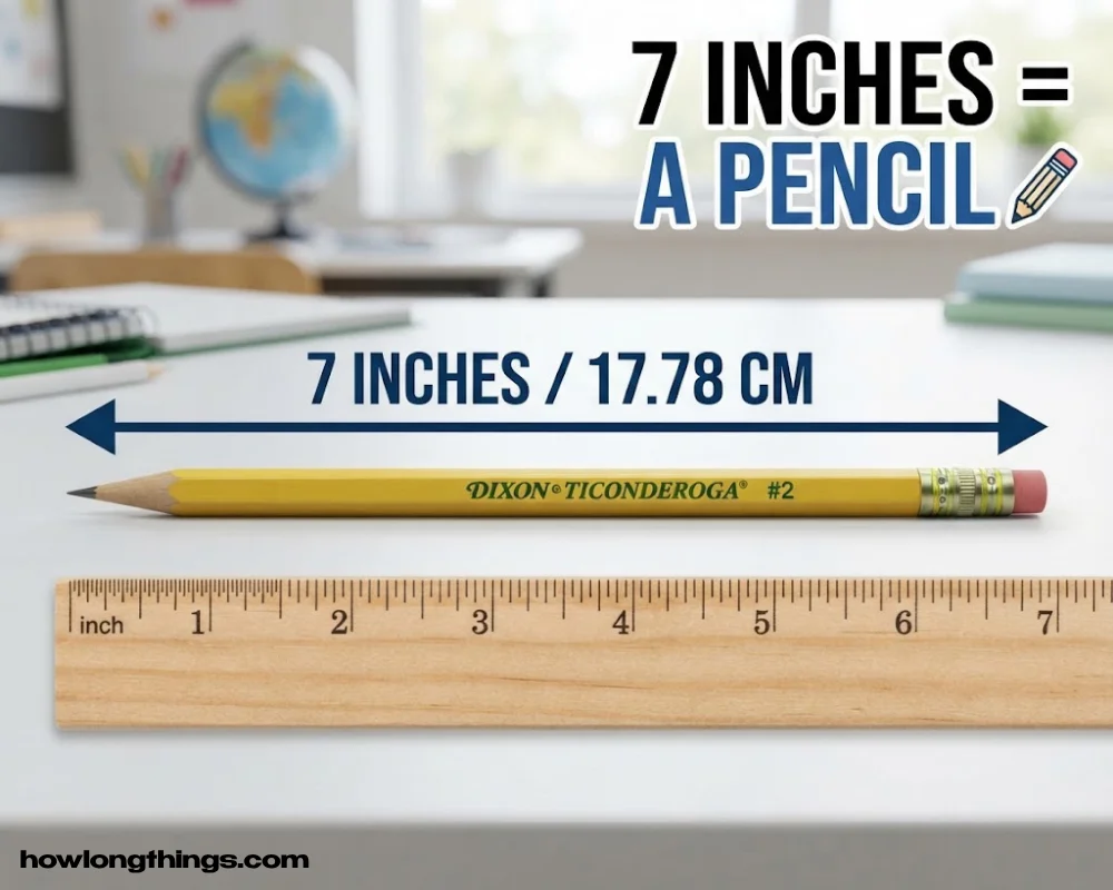 A 7 inches long wooden pencil. 