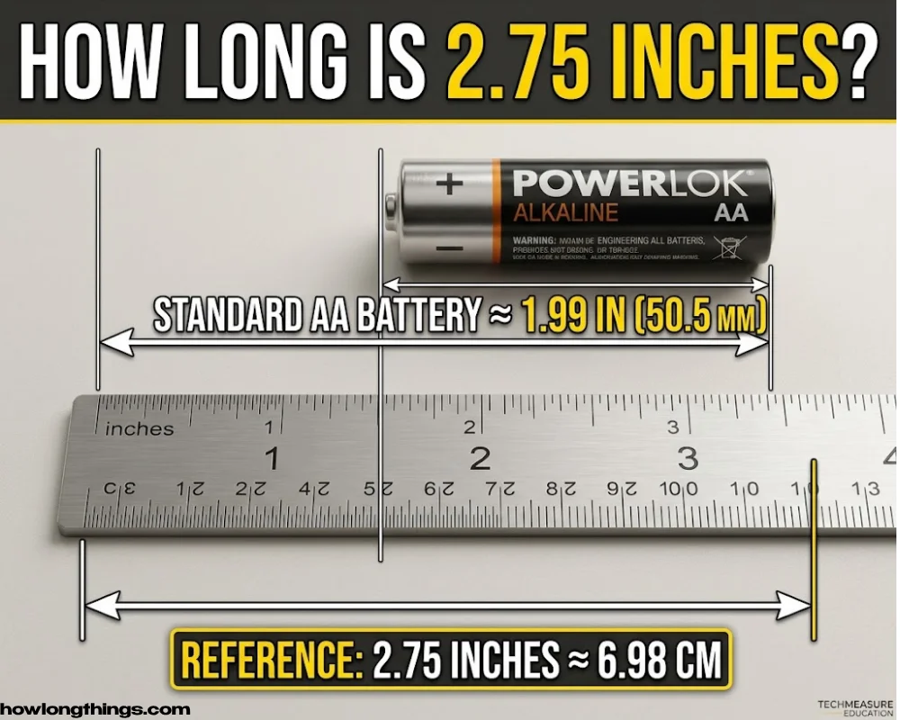 A AA battery with its contact cap of 2.75 inches long