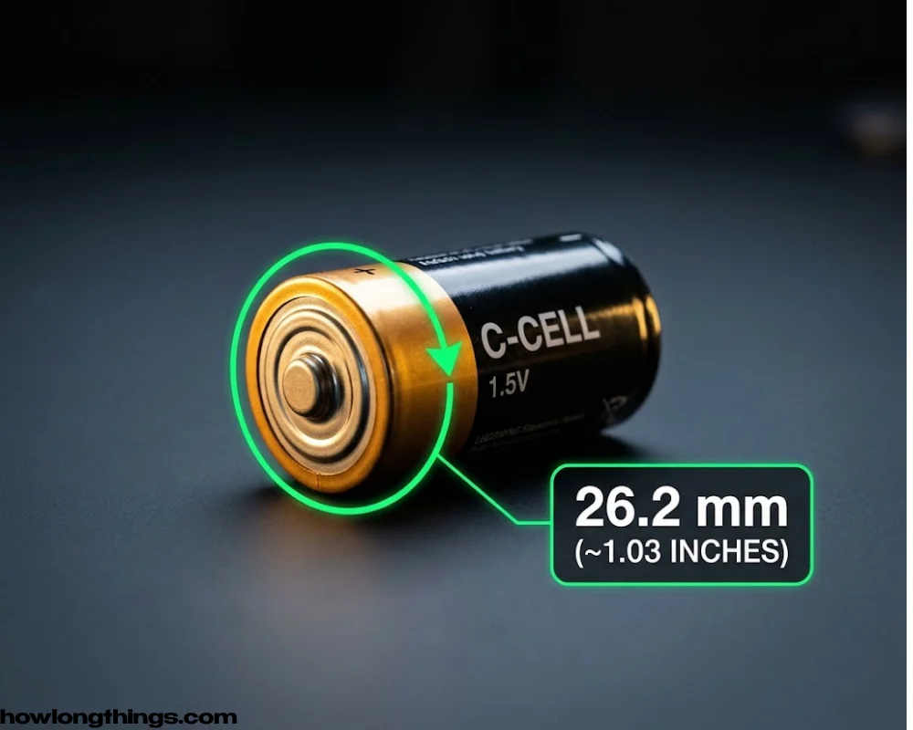 A C-cell battery's diameter of 1 inch long