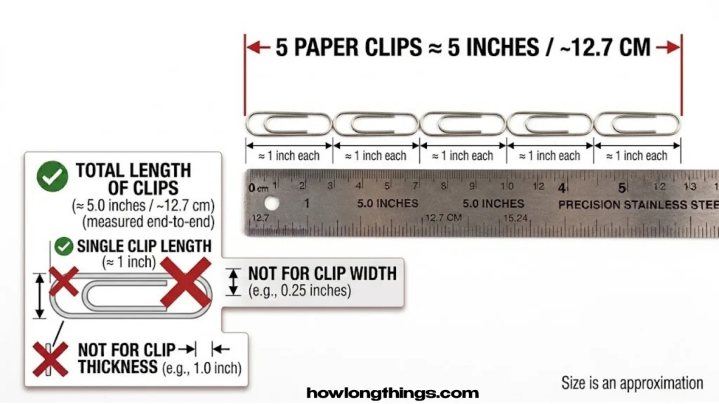 Five paper clips, lined up