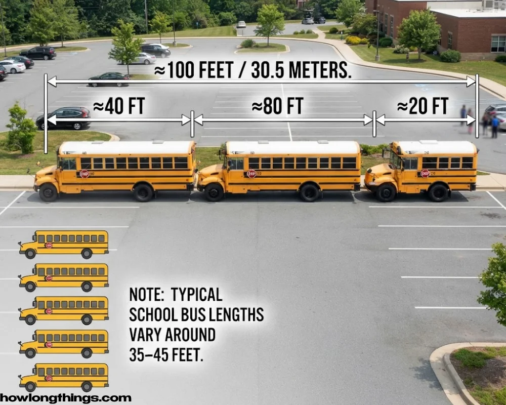 Five School Buses of 100 feet long reference