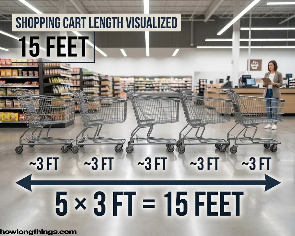 Five shopping carts in a row of 15 feet long