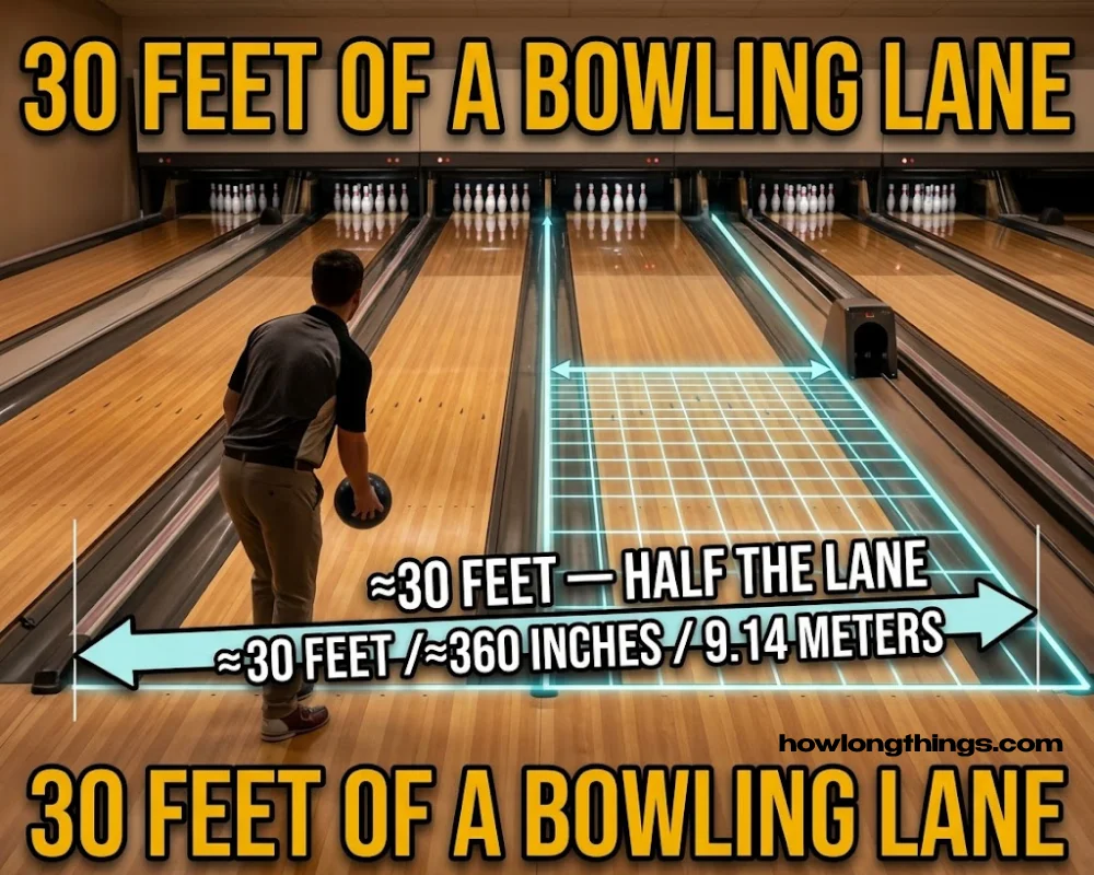 Half of a bowling lane can be 30 feet