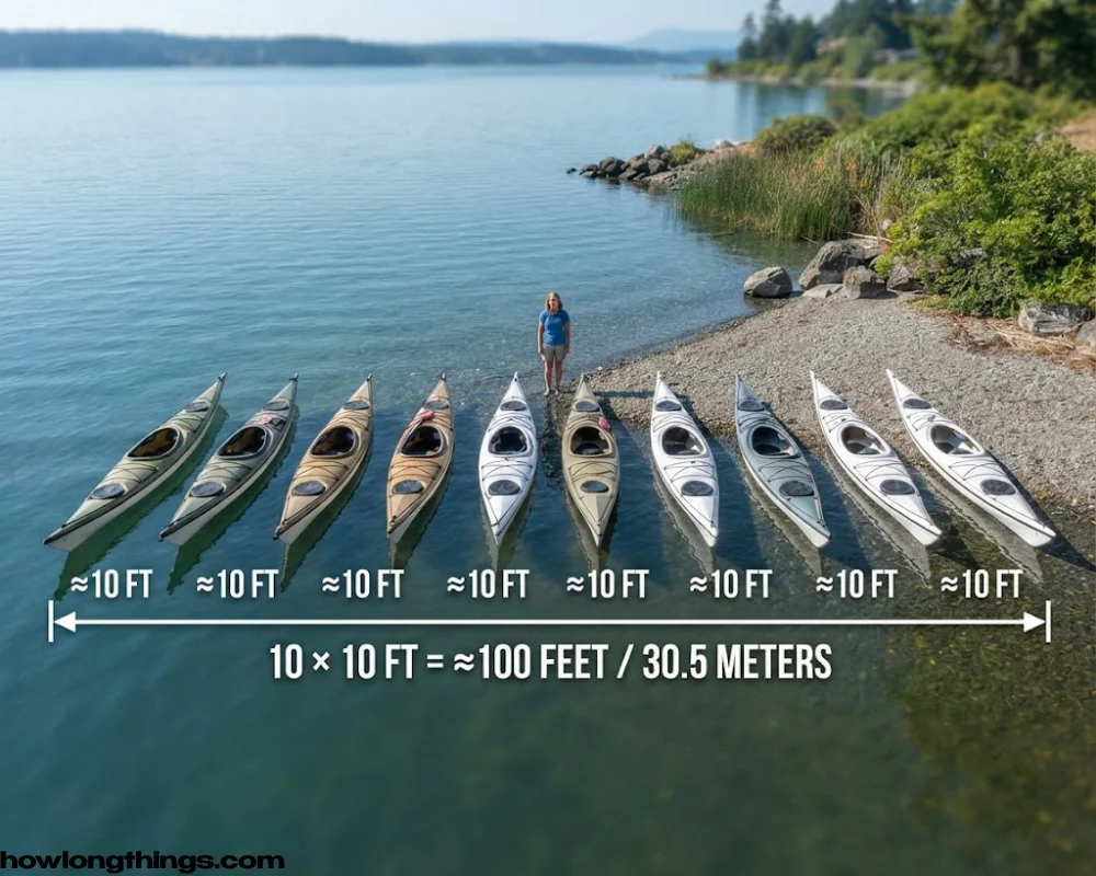 Ten Kayaks in a Row of 100 feet long