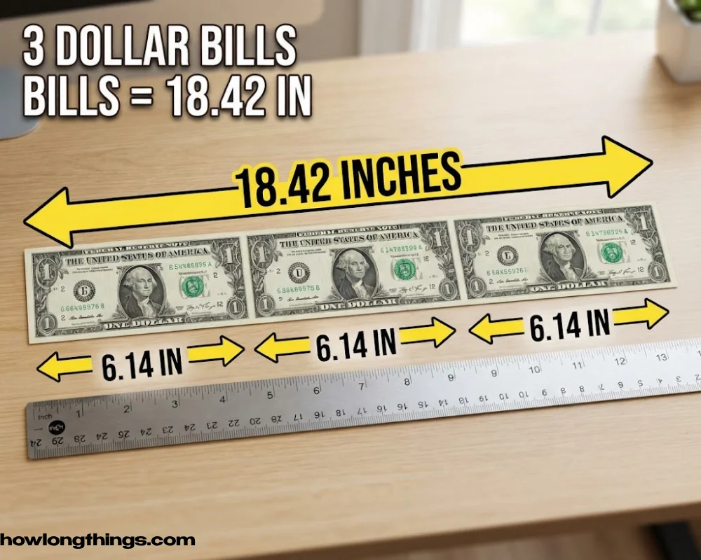 Three US dollar bills  of 18 inches long