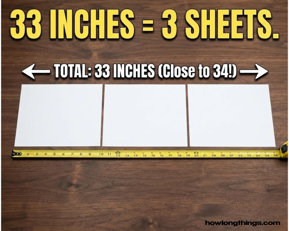 34 inches long Three sheets of printer paper, end to end