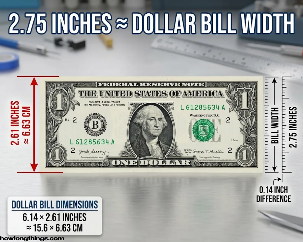 The short edge of a US dollar bill of 2.75 inches long