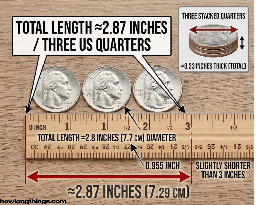 Three US quarters in a row of 3 inches long