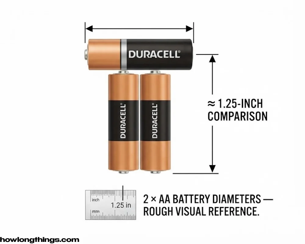 A 1.25 inches AA battery's diameter times two