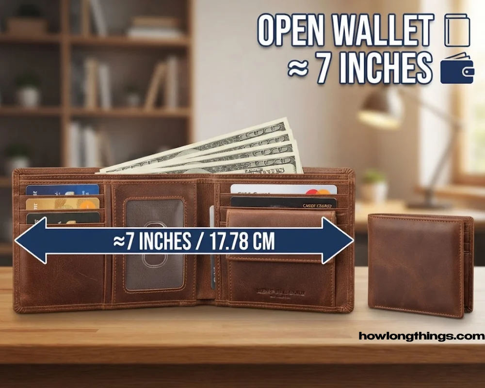 A men's bifold wallet, opened flat that how is 7 inches long
