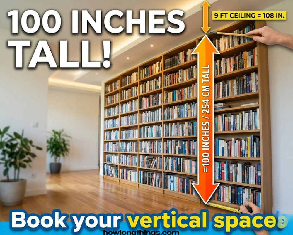A 100 inches long floor-to-ceiling bookshelf