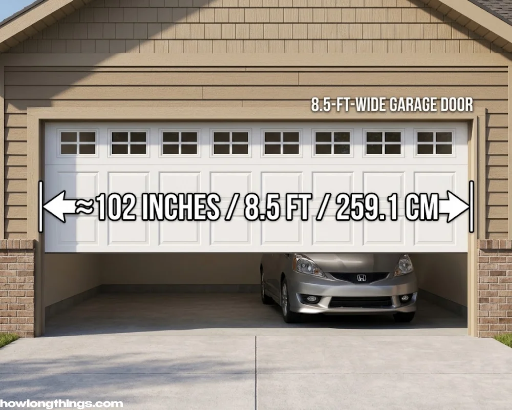 A single-car garage door width of 102 inches long