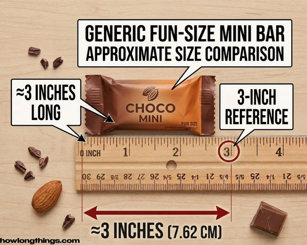 A 3 inches long mini chocolate bar.