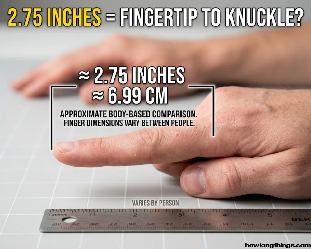 An adult index finger, tip to first knuckle of 2.75 inches long