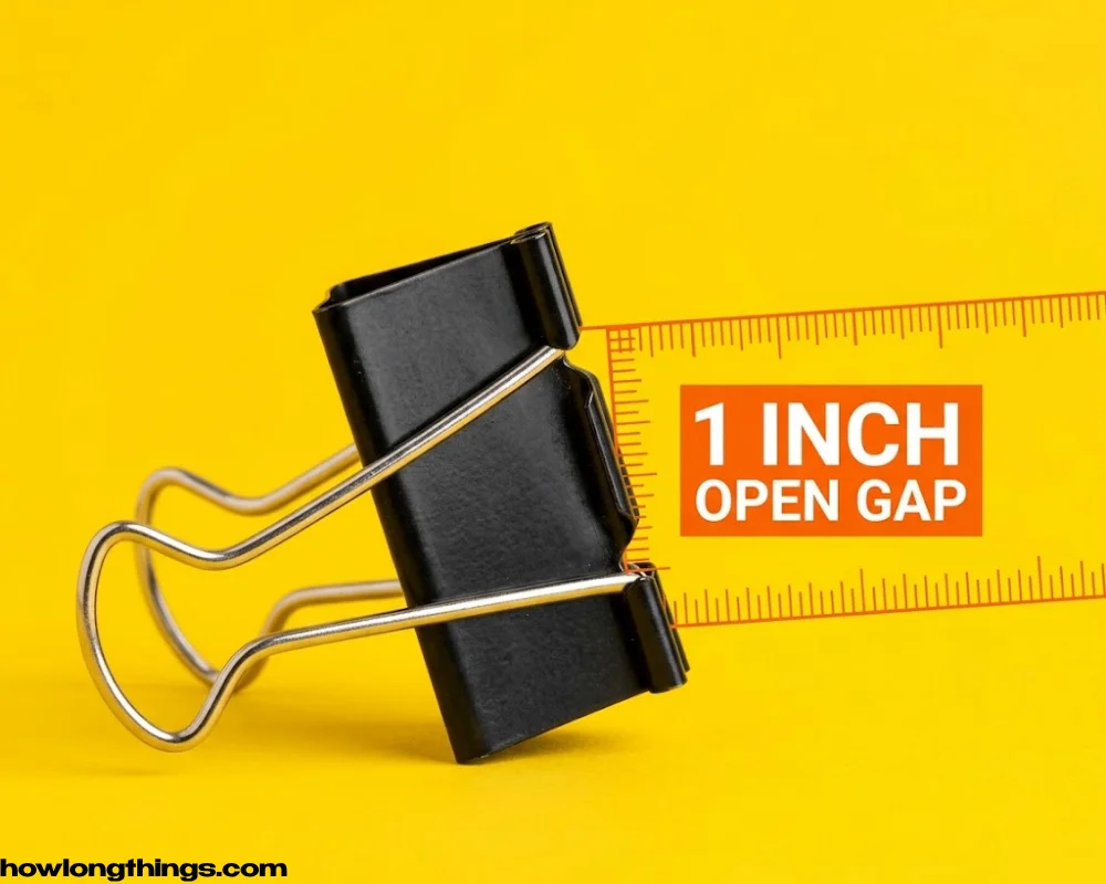 A medium binder clip's open mouth of 1 inch long