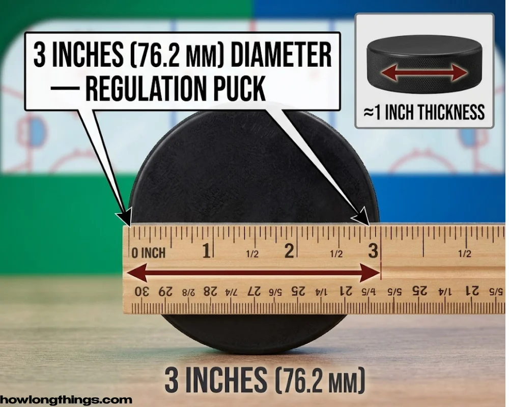 An NHL hockey puck of 3 inches long