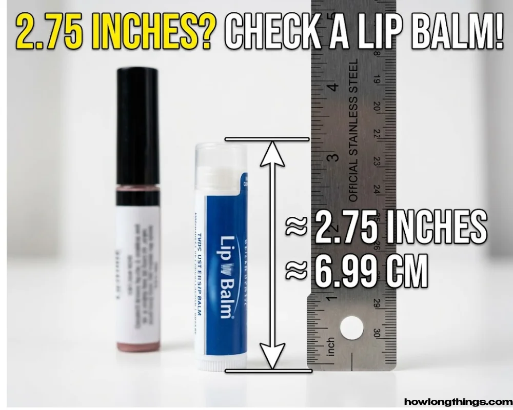 A lip balm or lipstick tube of 2.75 inches long