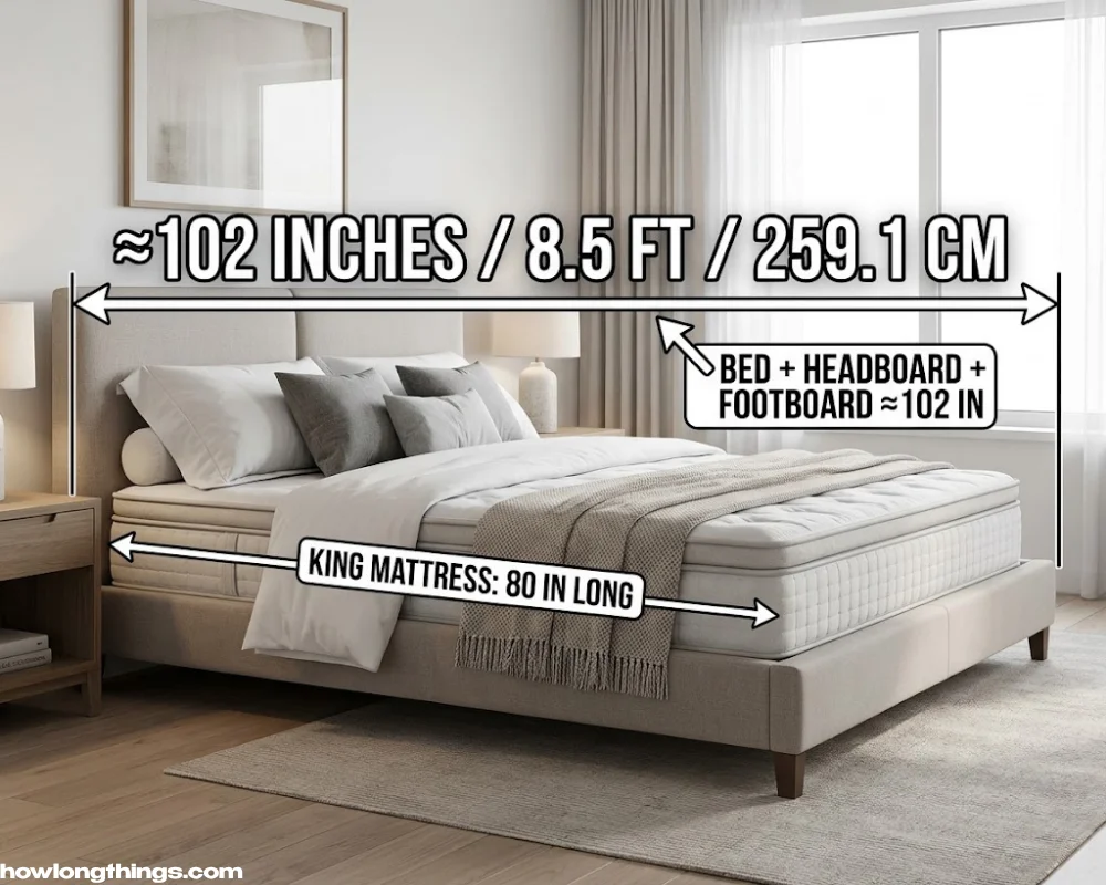 A king-size mattress with a headboard of 102 inches long