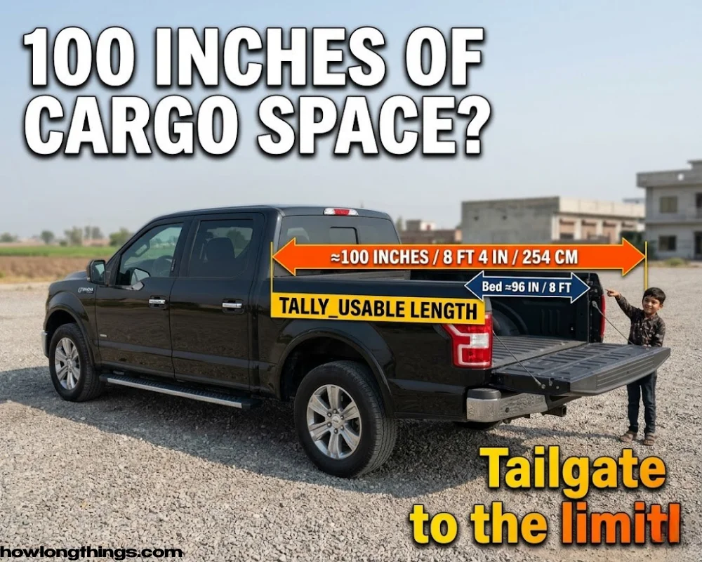 A full-size pickup truck bed of 100 inches long