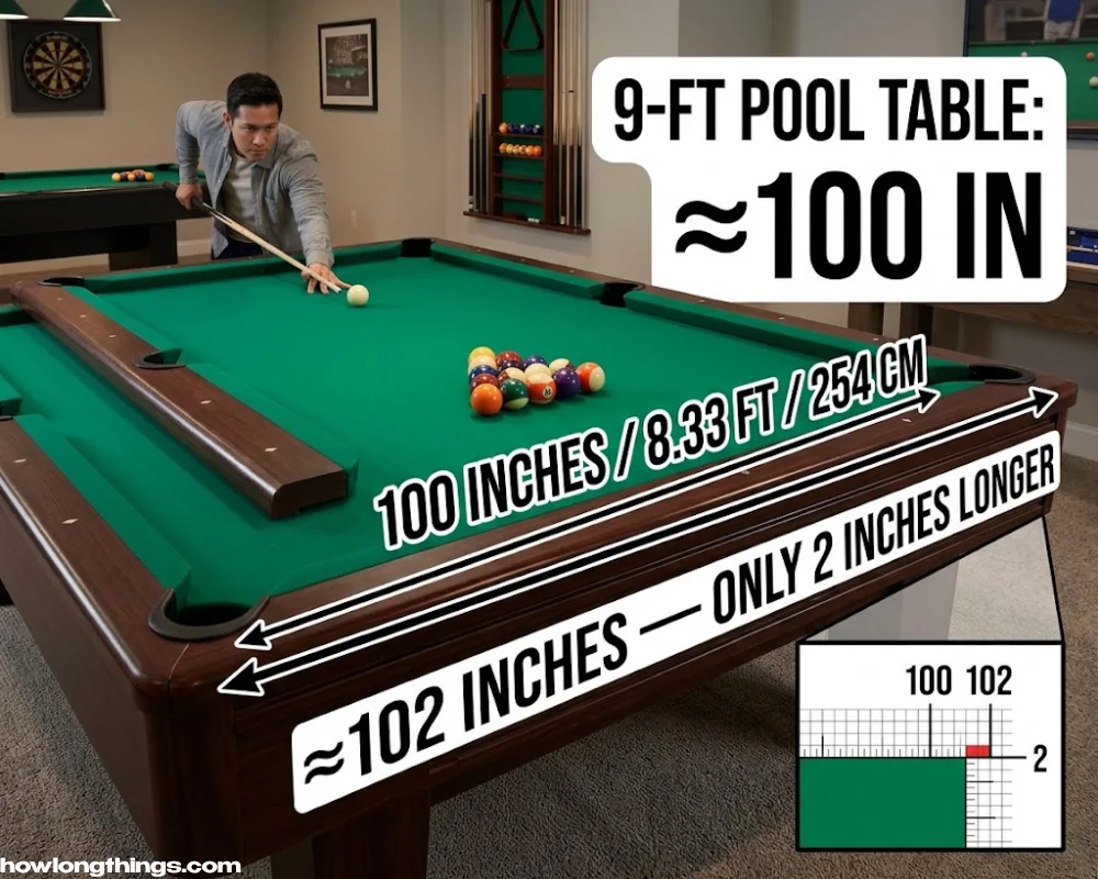 A regulation pool table of 102 inches long