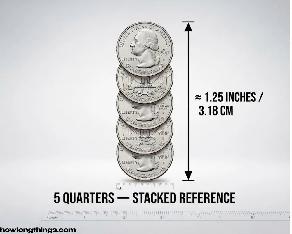 A 1.25 inches stack of five quarters