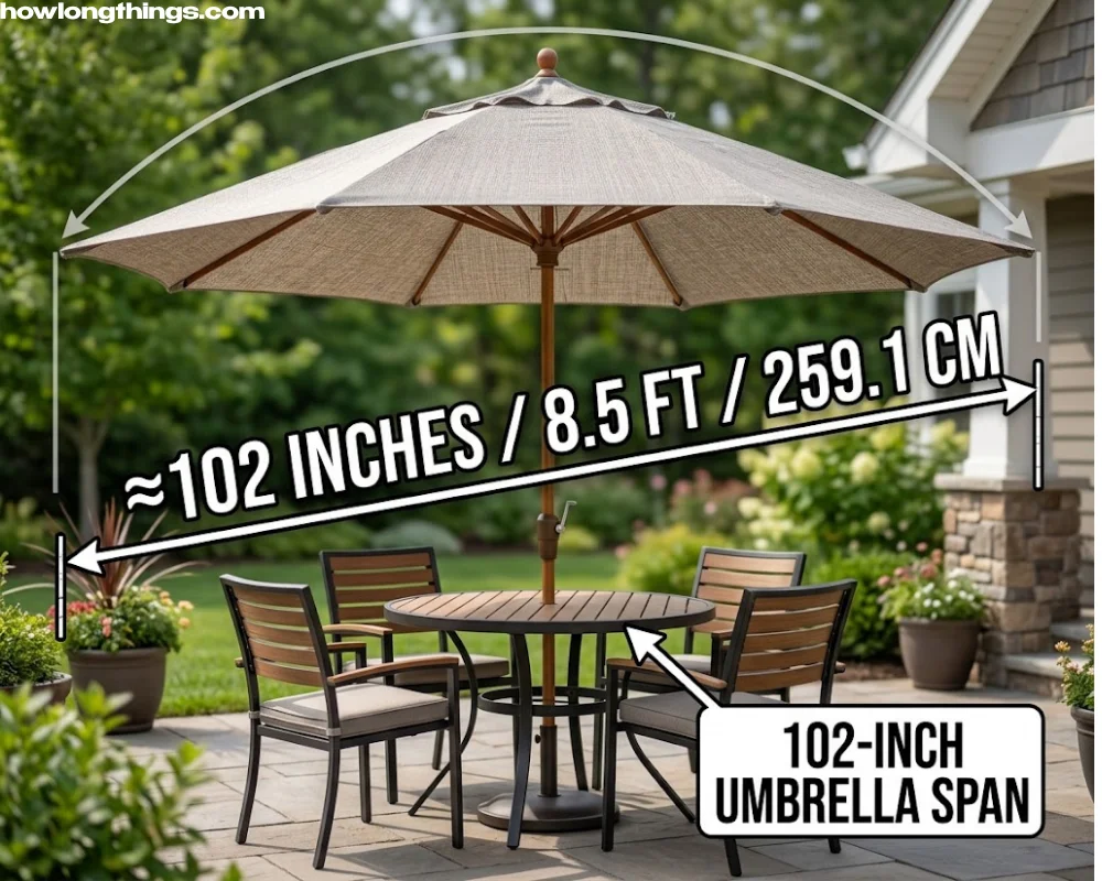 A 102 inches long standard patio umbrella, fully open
