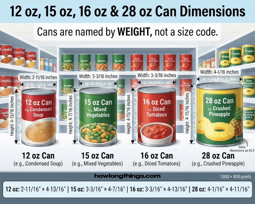 12 oz, 15 oz, 16 oz, and 28 oz Can Dimensions