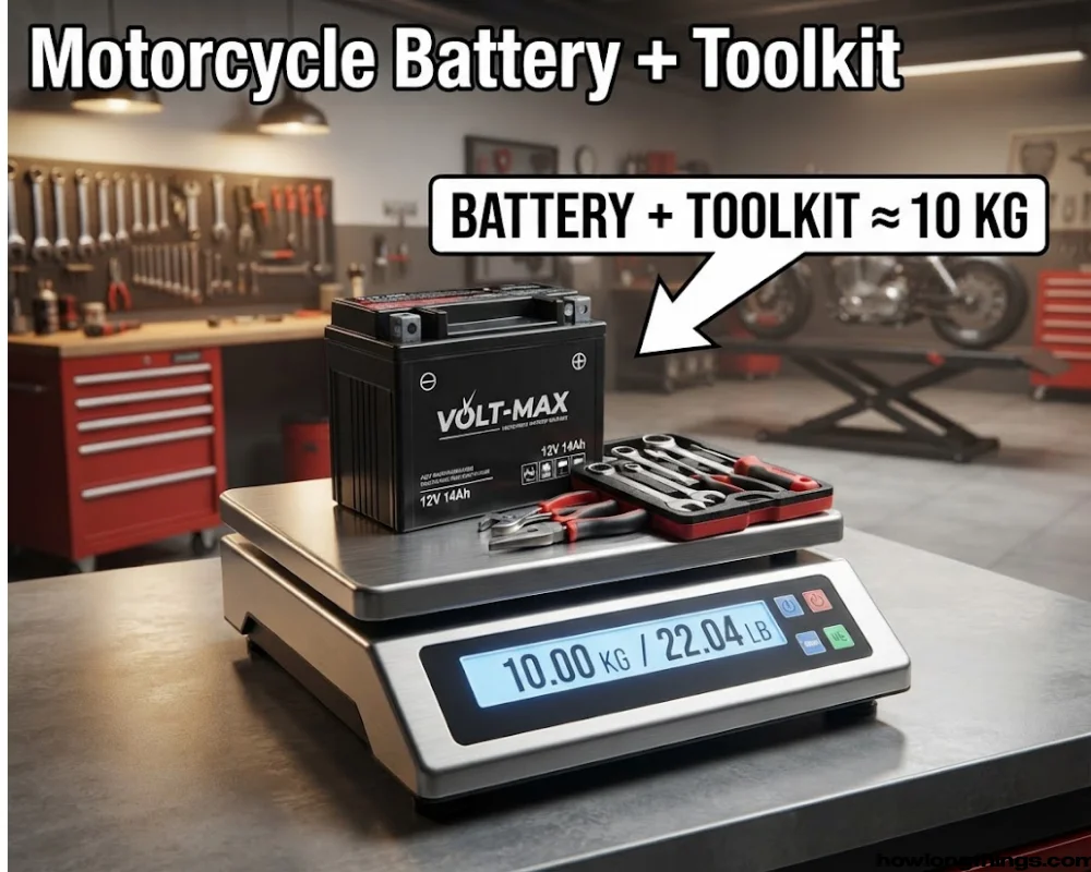 A Motorcycle Battery and Toolkit of 10 kg