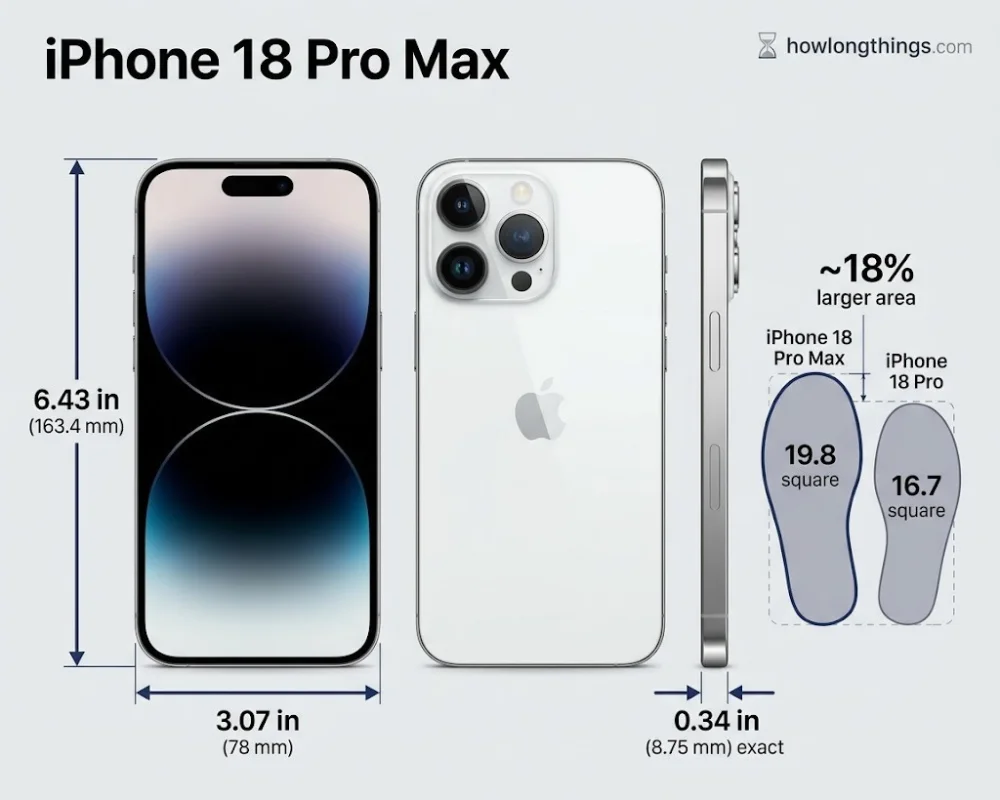 iPhone 18 Pro Max Height, Width and Thickness